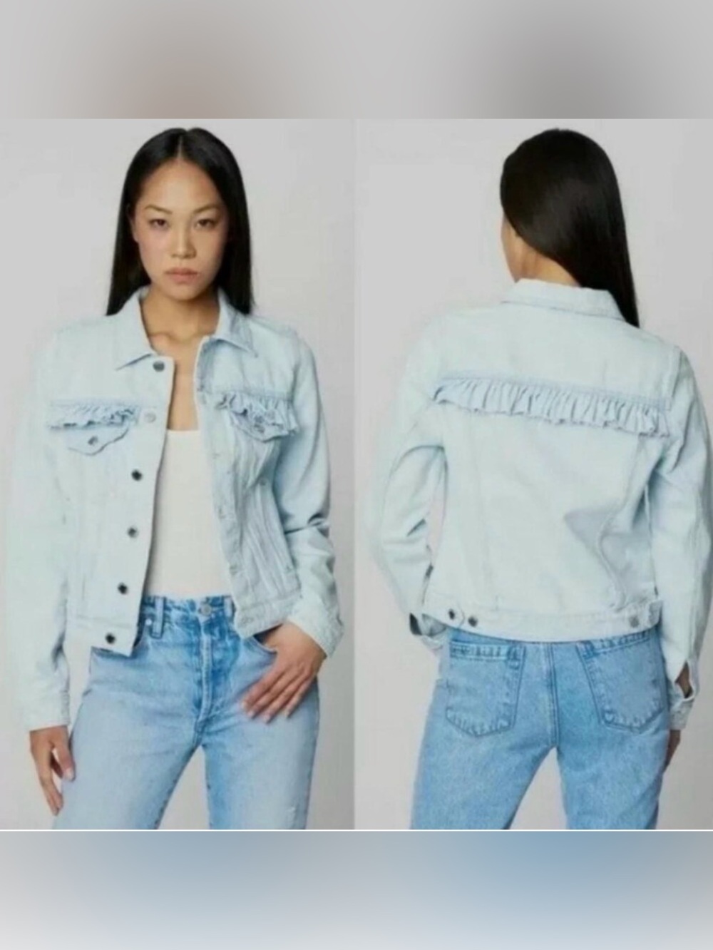 Blank NYC Light Wash Cotton‎ Ruffle-Trim Sign Your Name Denim Jacket Sz. XL
